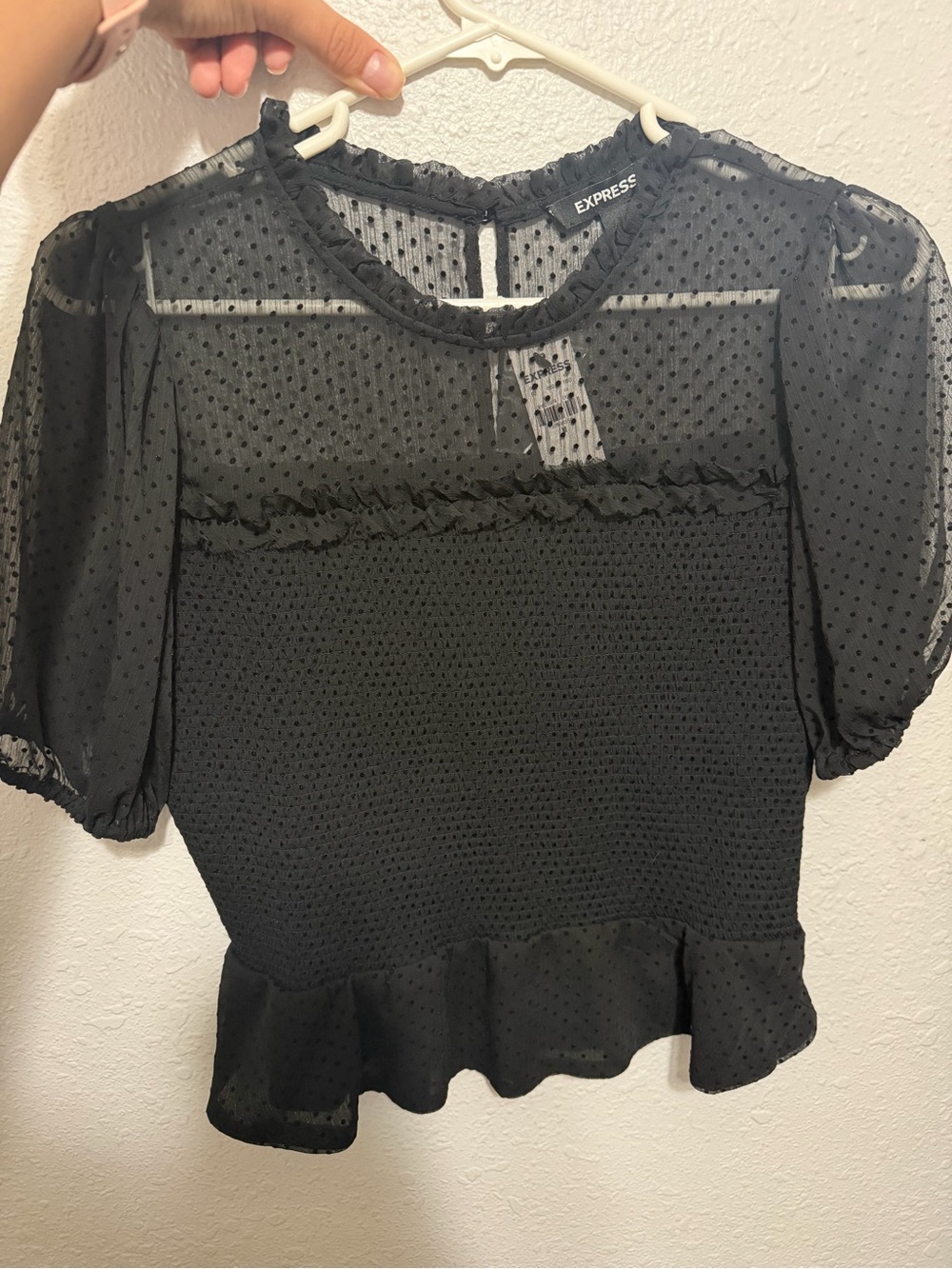 Express Black Swiss Dot Ruffle Peplum Blouse